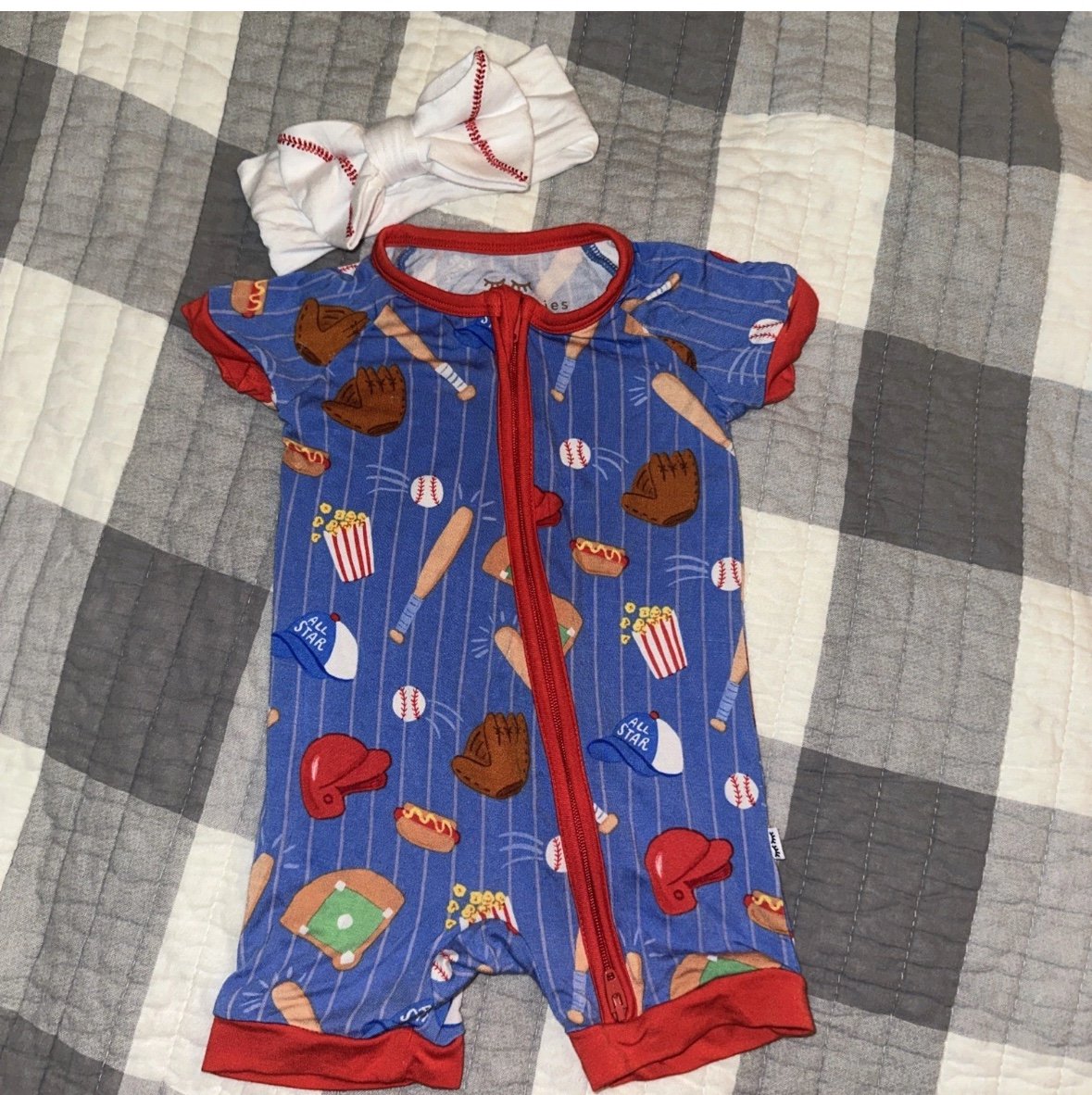 Little Sleepies Baseball Shorty Size 0-3m & Baseball Bow