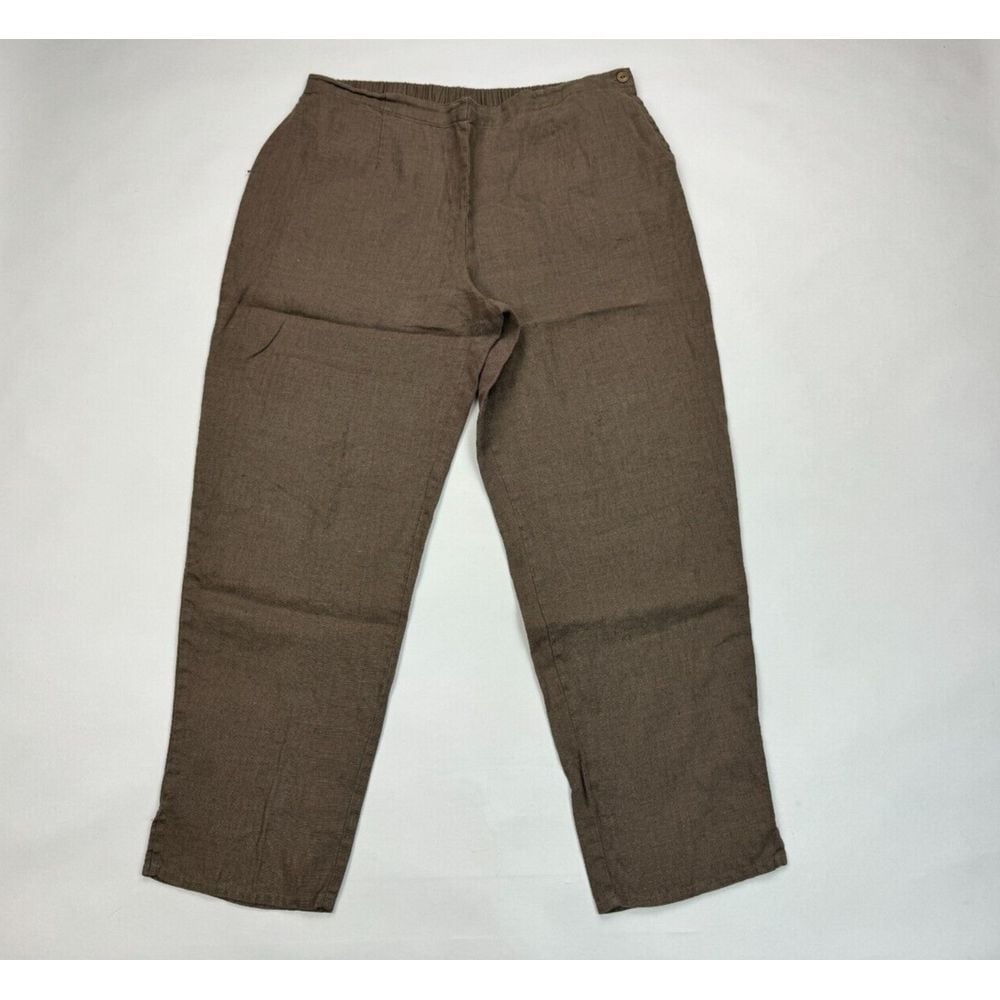 Flax Linen Twill Tapered Pant Women M Pocket Lightweight Elastic Waist FlatFront