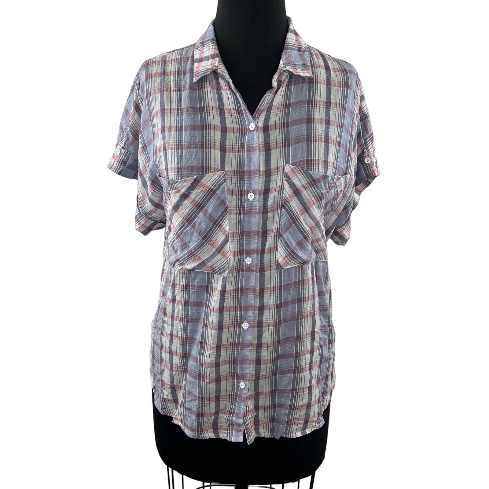 NWT ANTHROPOLOGIE Cloth & Stone Purple Plaid Short Sleeve Tie Button Up Shirt M