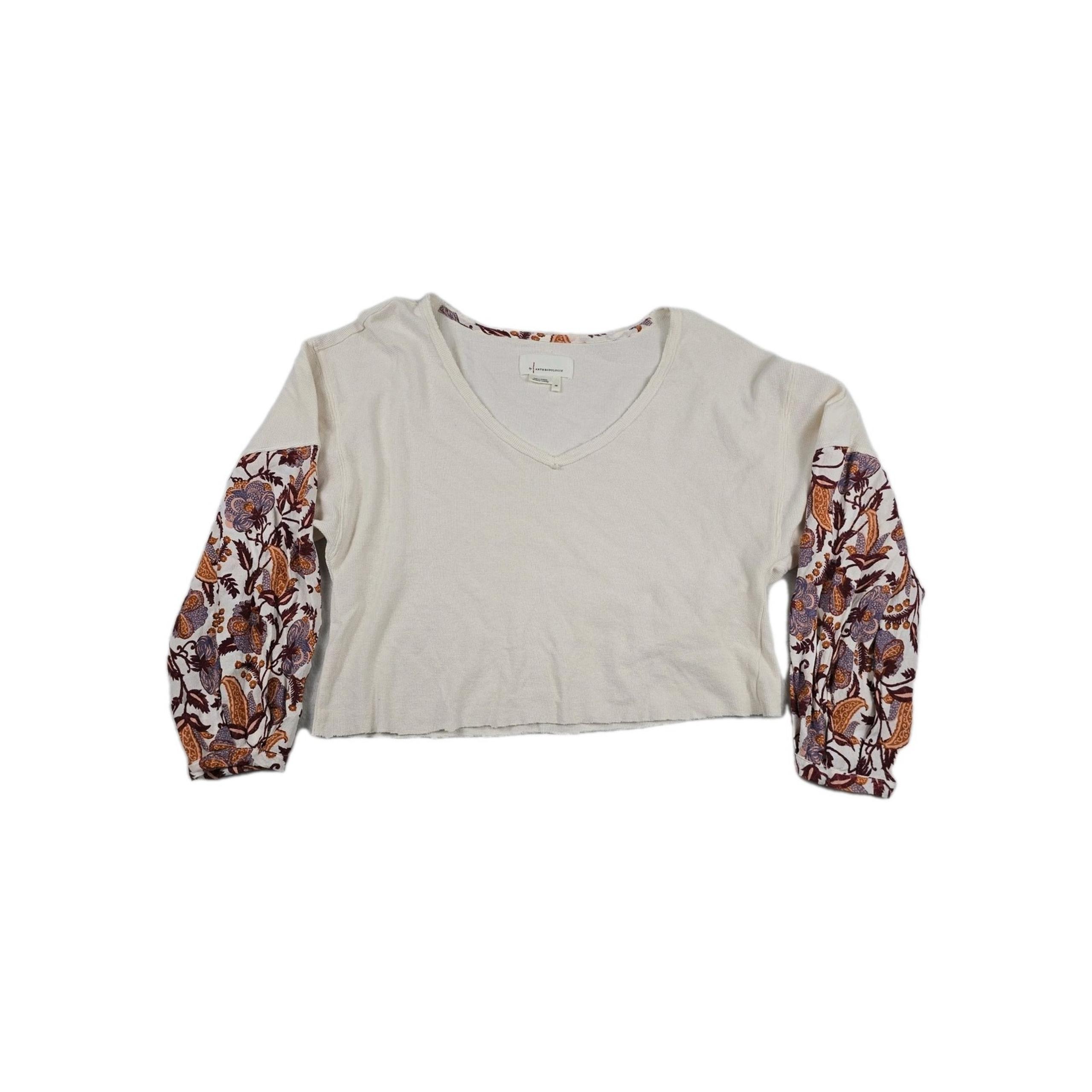 Anthropologie Women's Annette Ivory Paisley Long Sleeve Waffle Knit Top Size XS