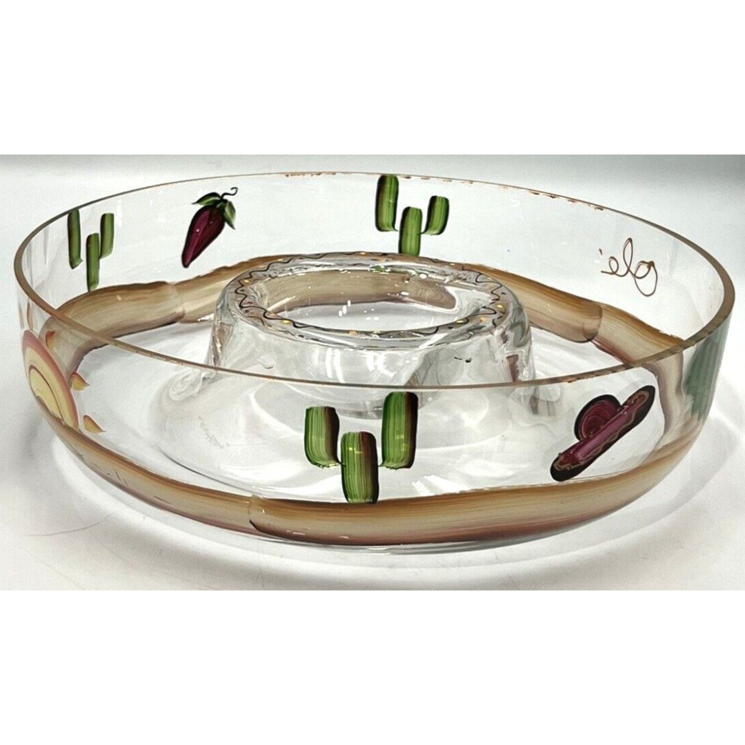 FREEship! Hand Painted 11 Glass Mexican Chip & Dip Bowl Artist SIGNED '99Date