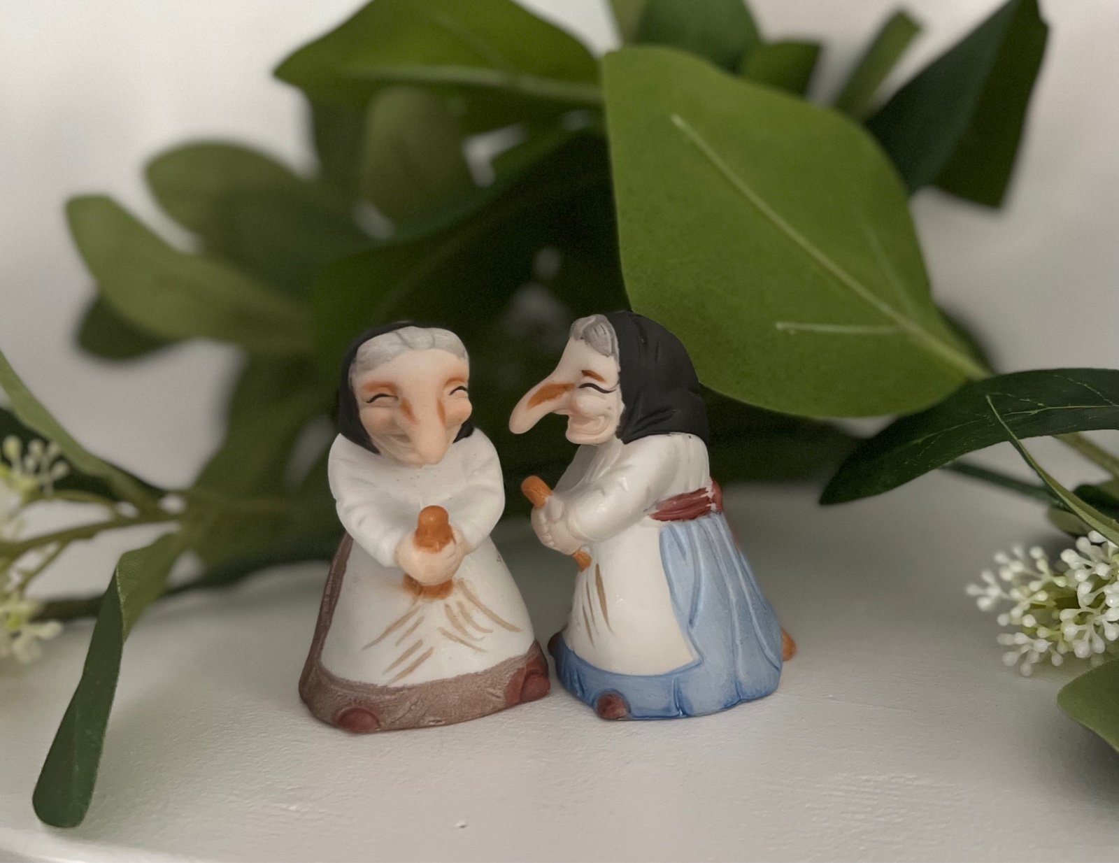 Vintage Kitchen Witch 1981 Porcelain Salt Pepper Shakers Babushka BABA YAGA