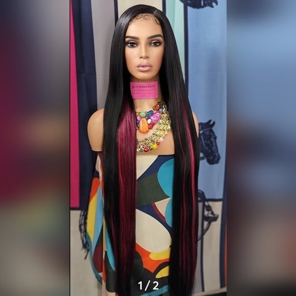 Black long hd sexy straight lace front wig with hot pink highlights
