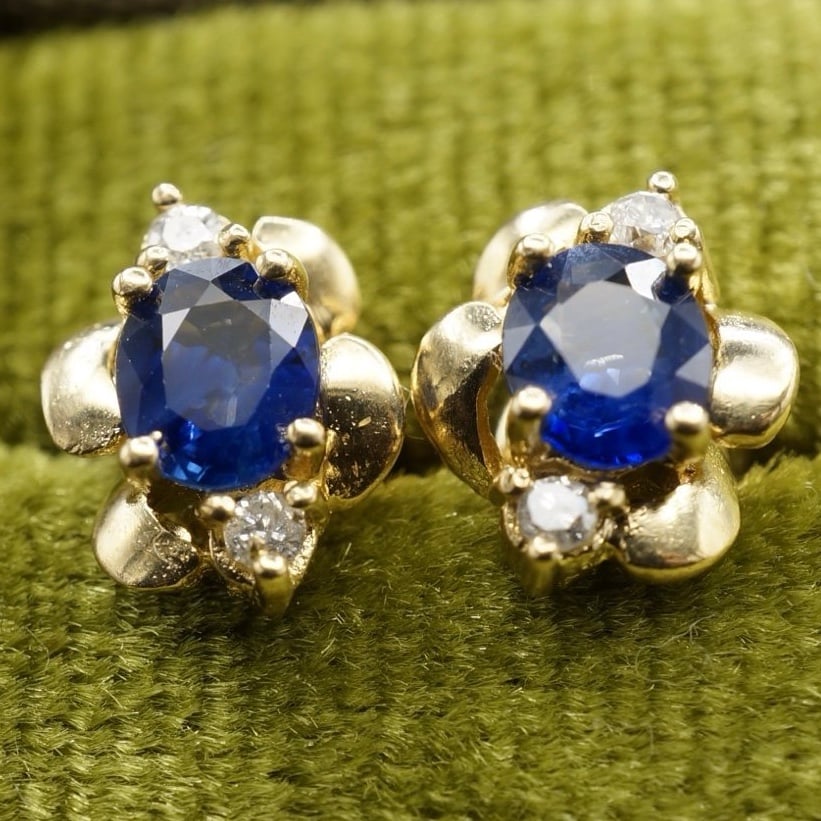 Natural Midnight Blue Sapphire Earrings with Diamond Accents 14k Yellow Gold