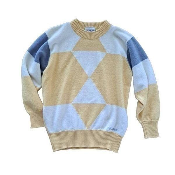 Vintage Mens Jaeger Golf Jumper, Cream/Yellow, Size MEDIUM WOOL BLEND SWEATER