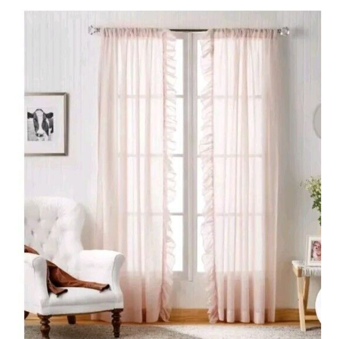 Set of 3 Pioneer Woman 50x63 Rod Pocket Curtain Panel Chambray Ruffle NEW