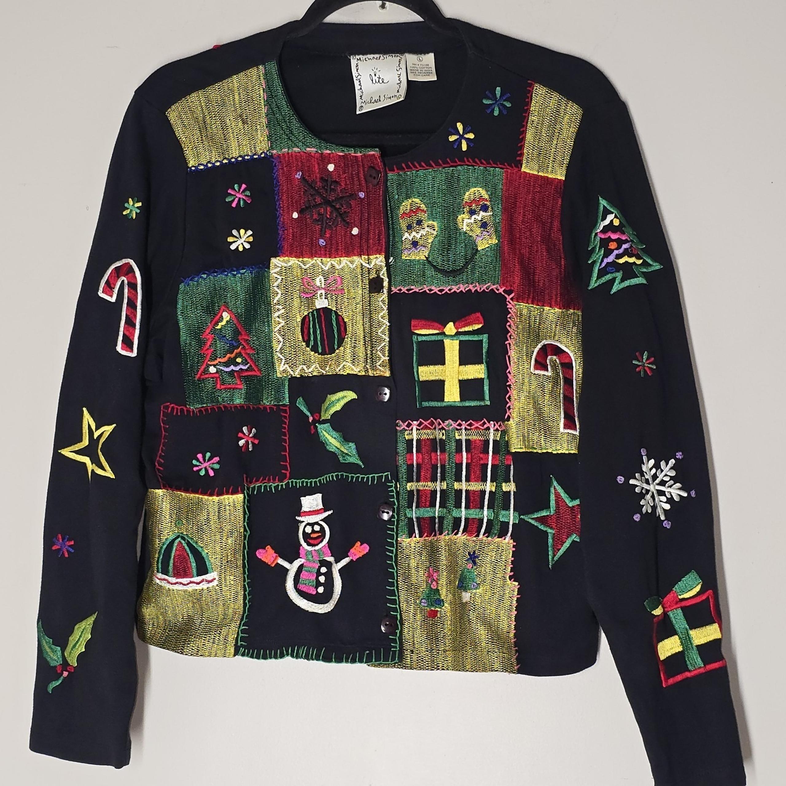 Michael Simon Lite Women's Black Cardigan Sz L Embroidered Patchwork Christmas