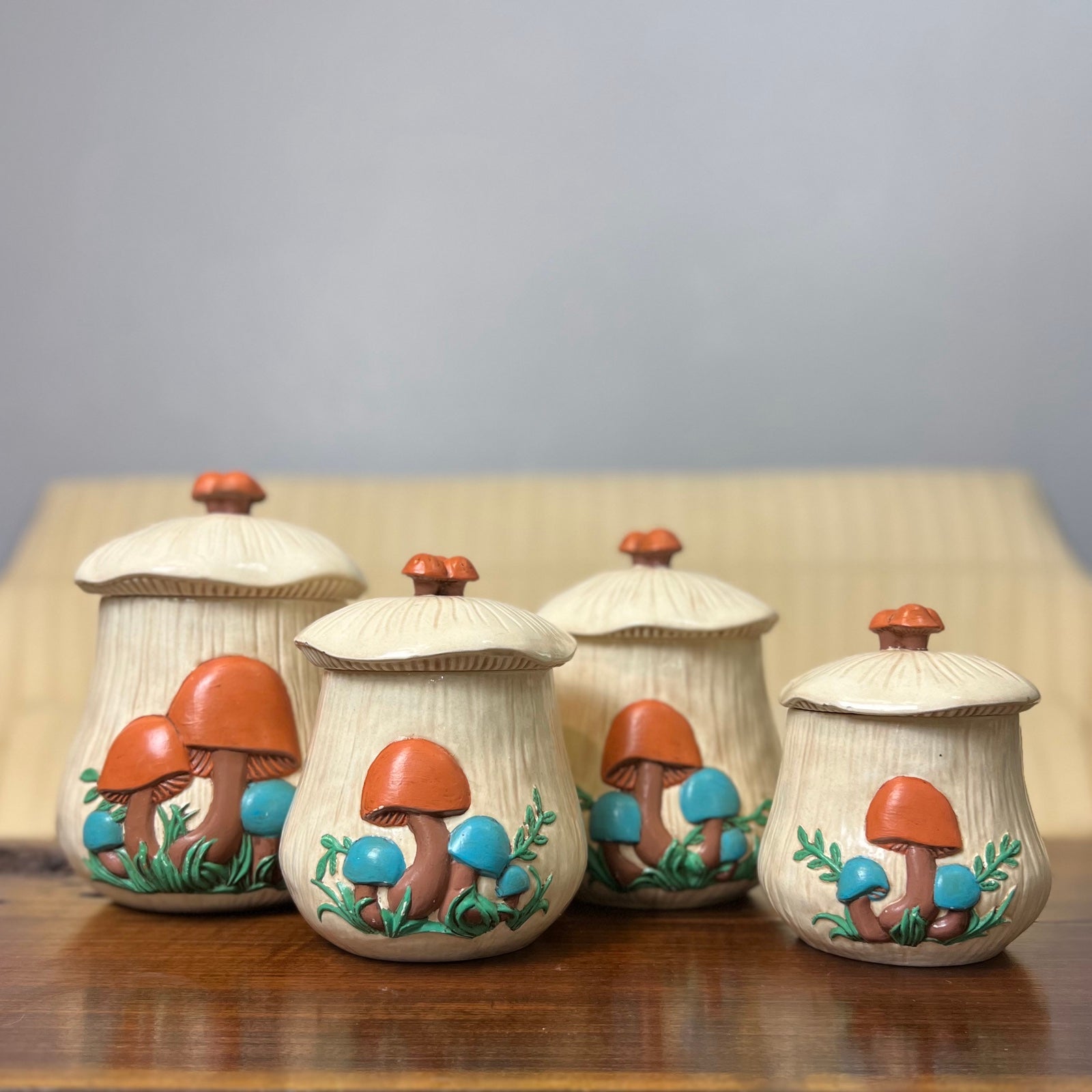 Vintage 1970s Arnels Mushroom Ceramic Canister Set 4 Brown Blue Green Rare Color