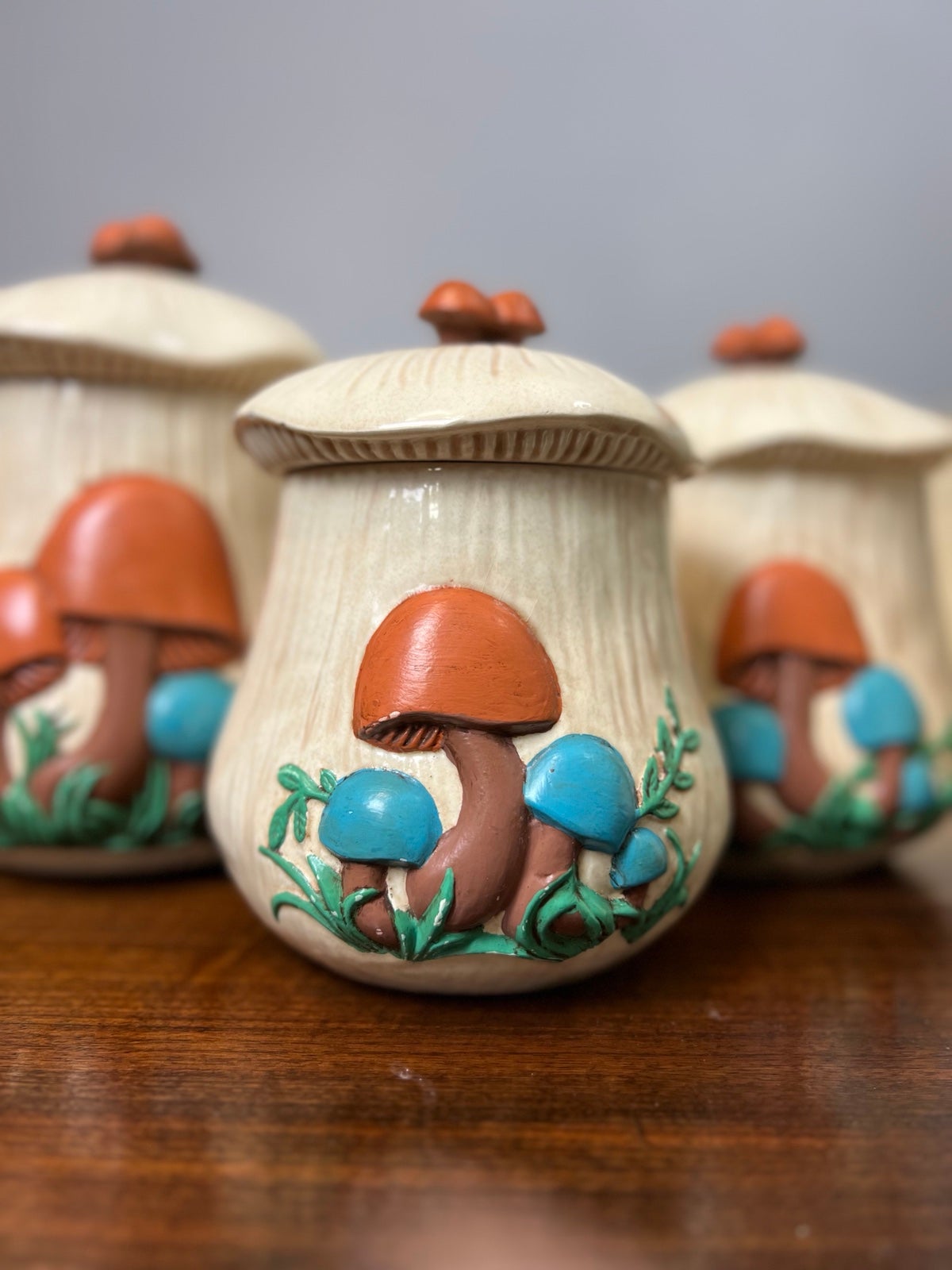 Vintage 1970s Arnels Mushroom Ceramic Canister Set 4 Brown Blue Green Rare Color