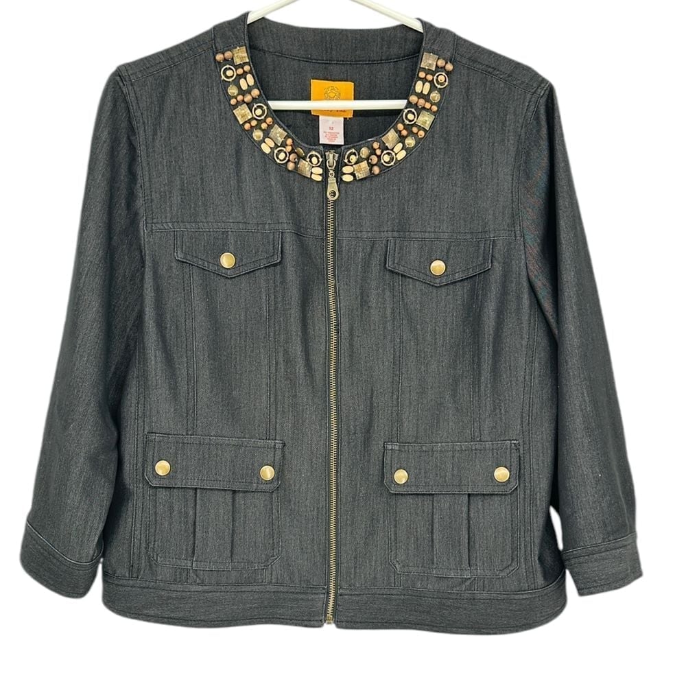 Ruby Rd. Embellished Black Denim Jacket Zip Front Beaded Accents Women's SZ 12