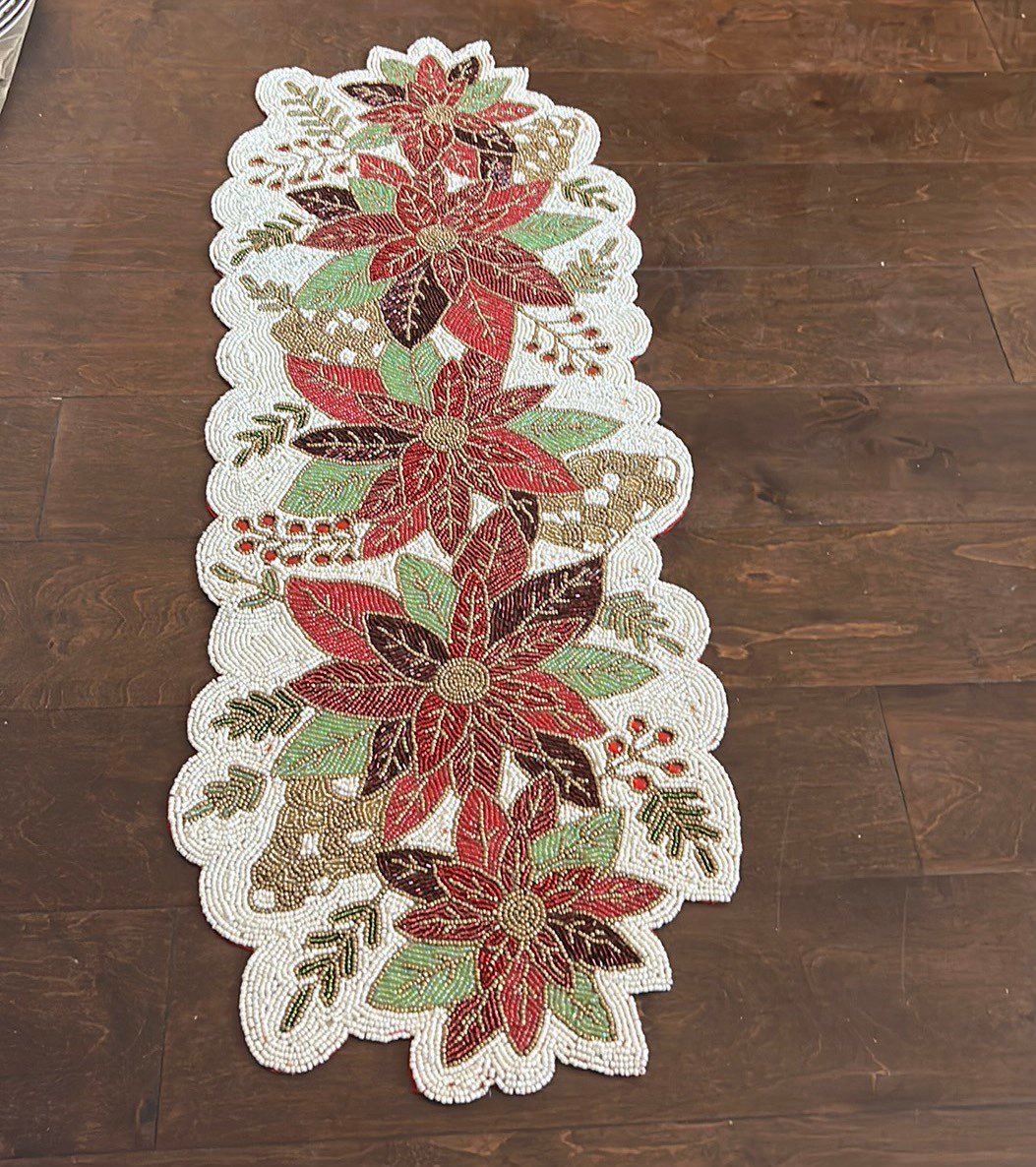Cynthia Christmas Beaded Table Runner 36” Poinsettia New Holiday Red Green