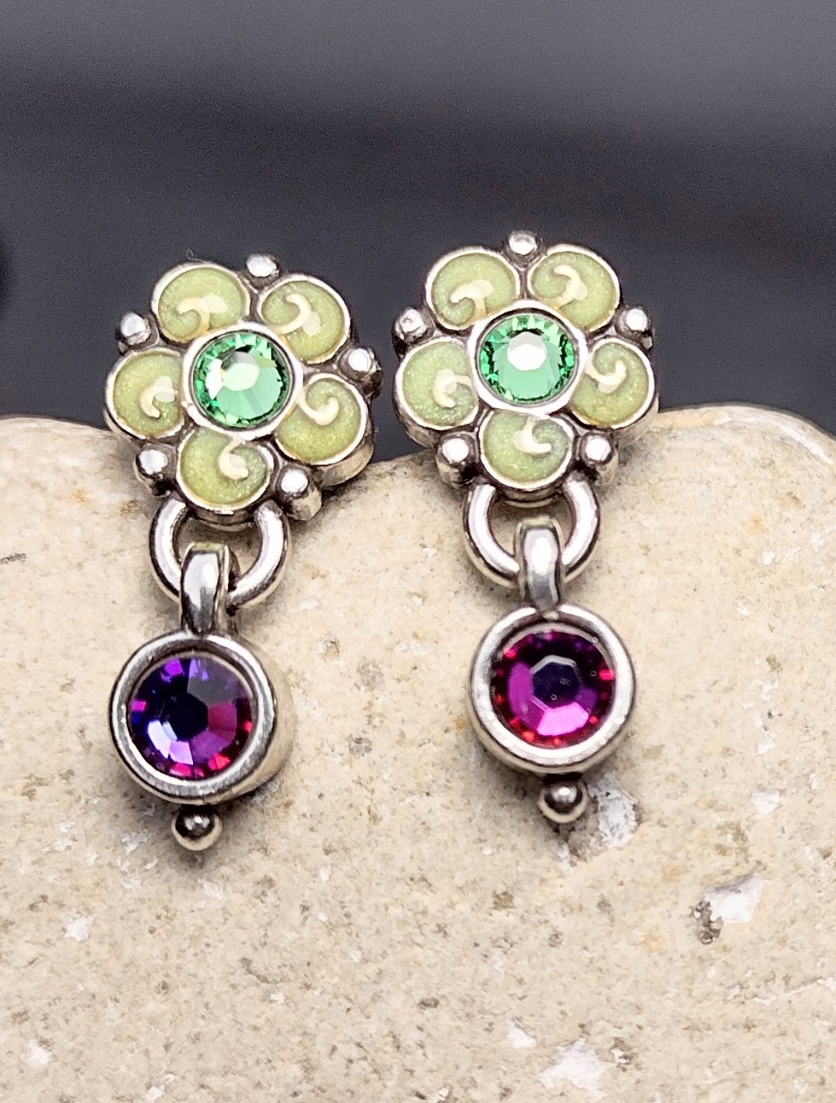 Brighton Garden of Eden Green Flower Watermelon Crystal Earrings Silver Plate