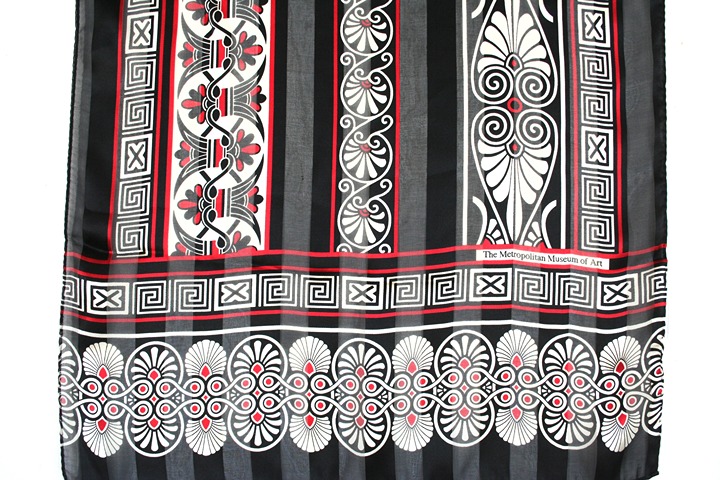 Vintage Metropolitan Museum silk scarf Greek keys geometric black white red Lg