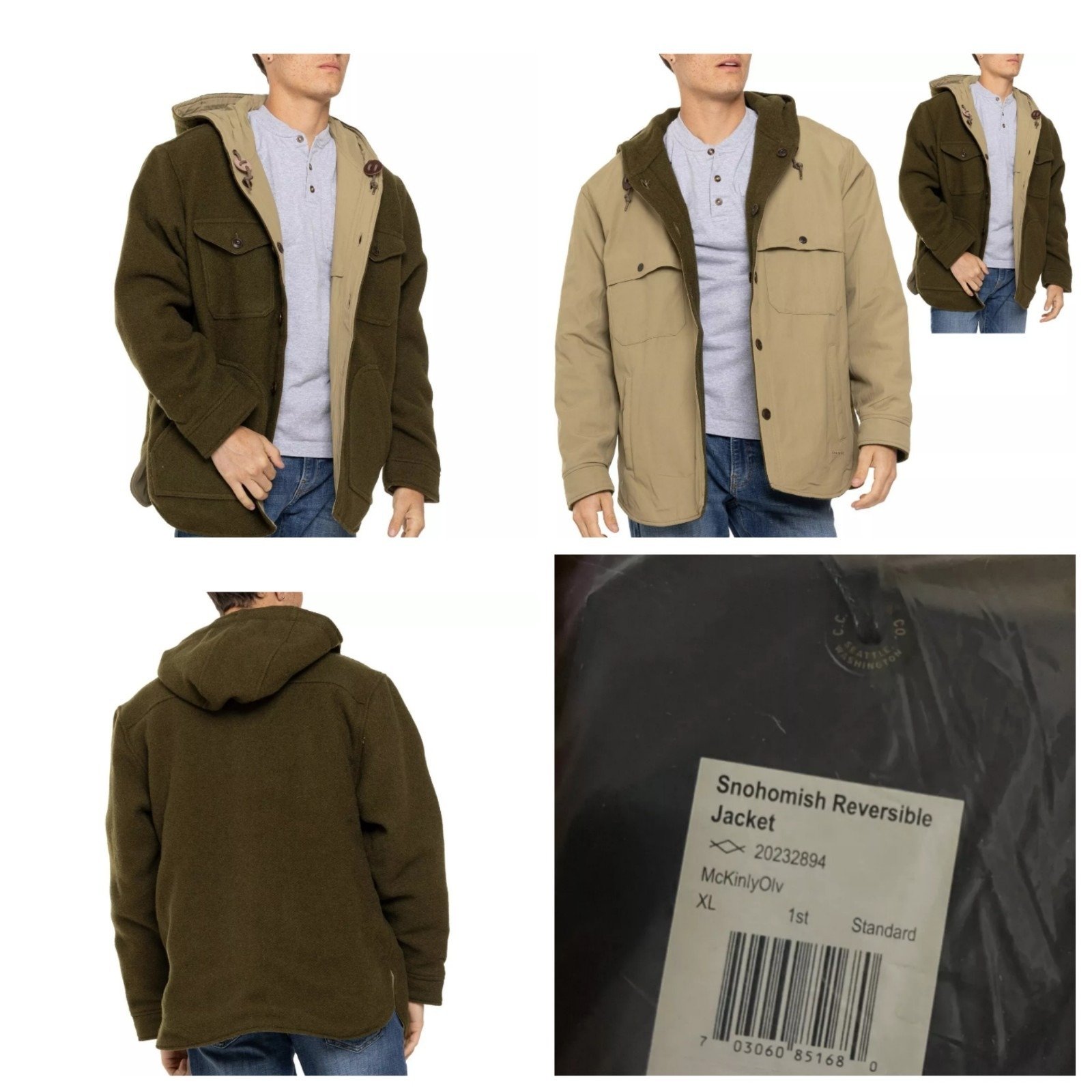 Filson Snohomish JacketMen's XL Reversible Hooded Wool McKinley Olive Tan Coat