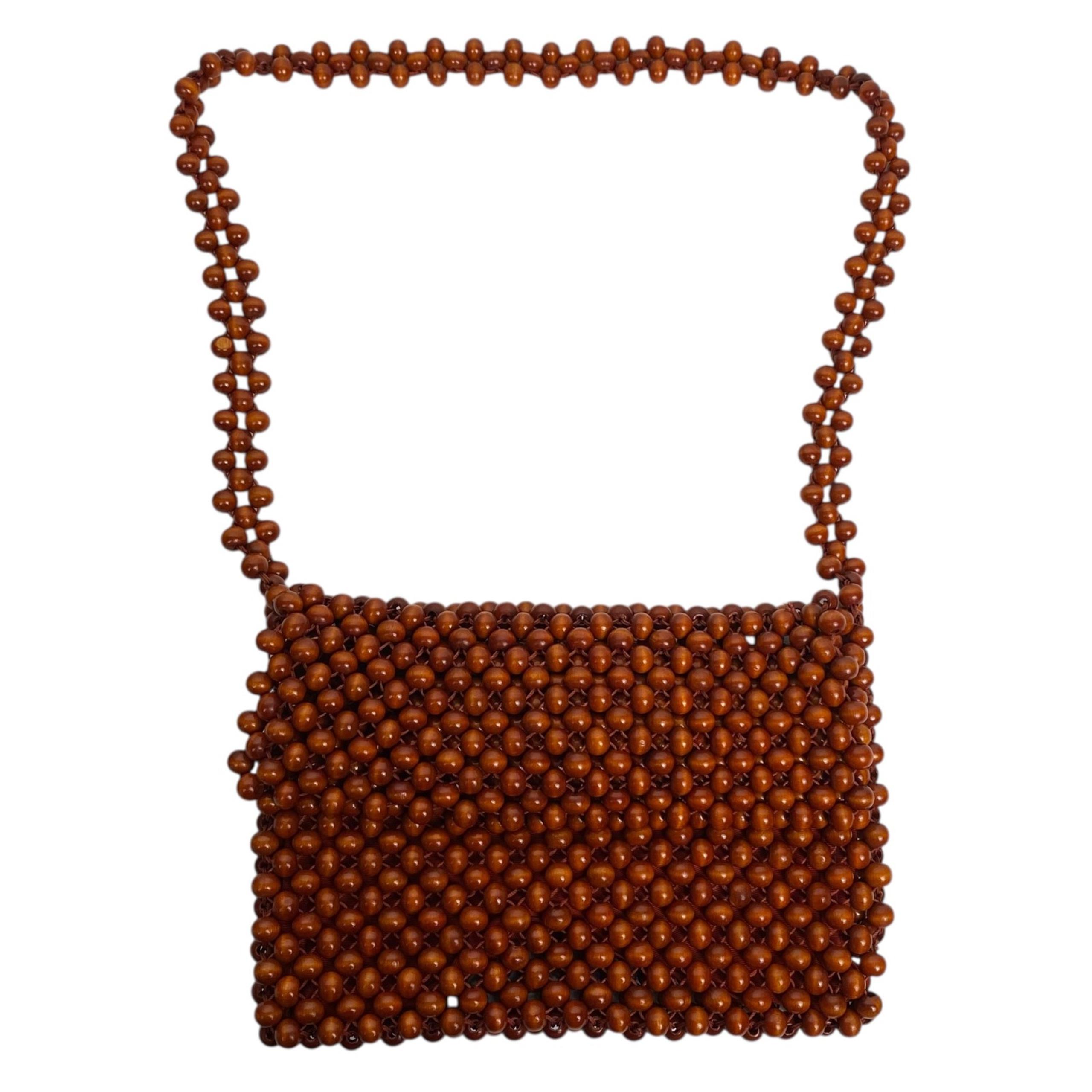 Walborg Beaded Vintage Handbag Rare  Purse Brown Wood Wooden Beads Made in Japan