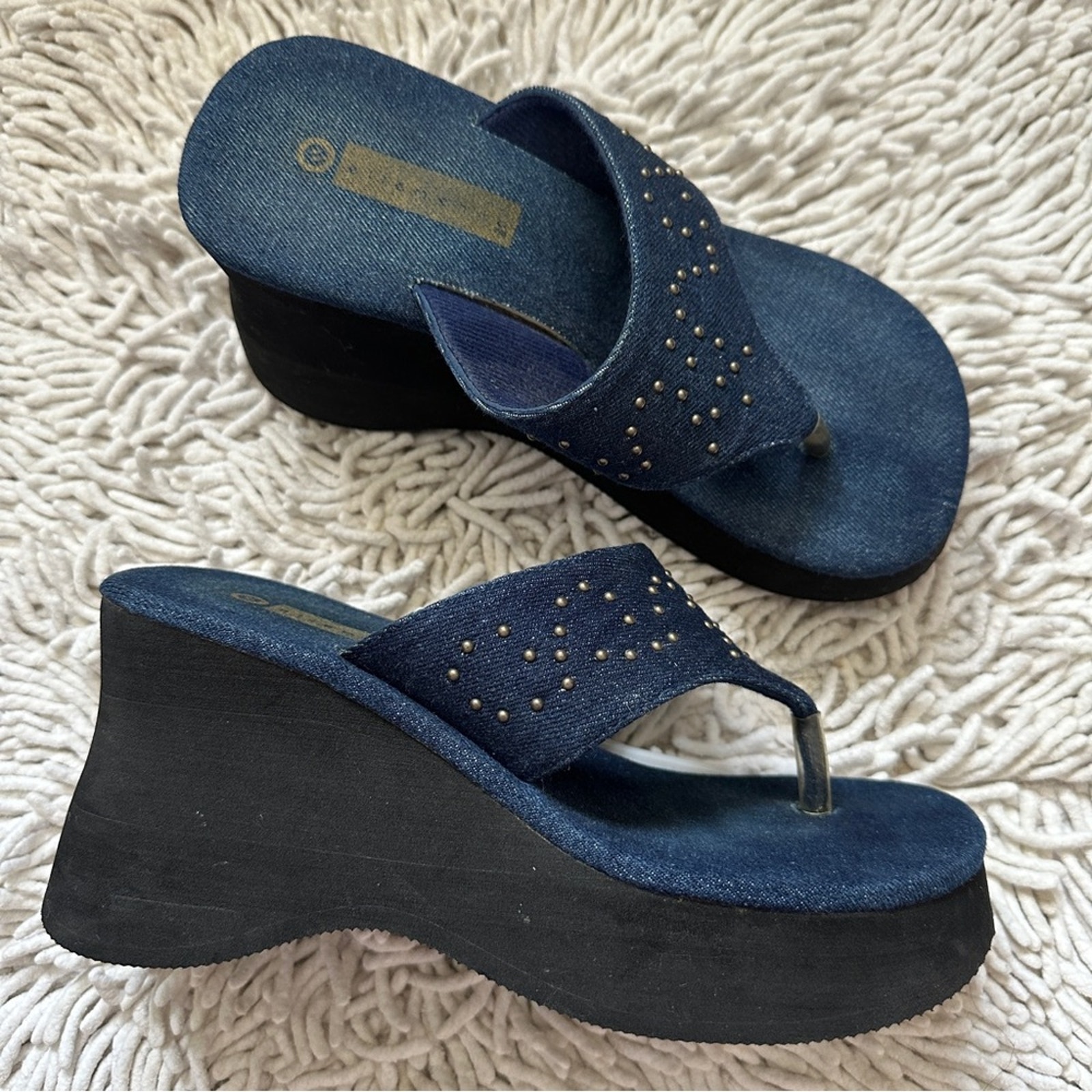 ELLEMENNO Chunky Platform VINTAGE Y2K Thong Denim Jean Studded Wedge Sandals 6