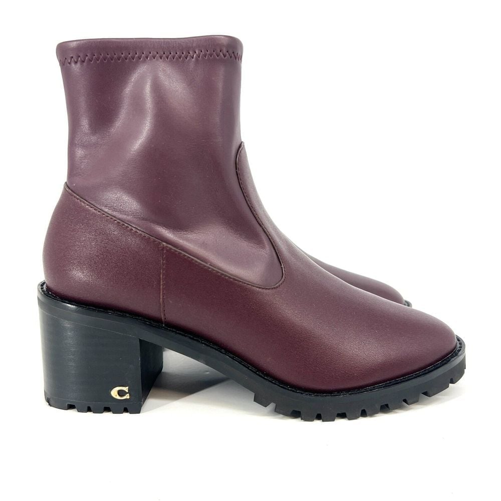 COACH Joy Ankle Boots Booties Womens 7.5 Leather Dark Cranberry Purple C5975 NEW
