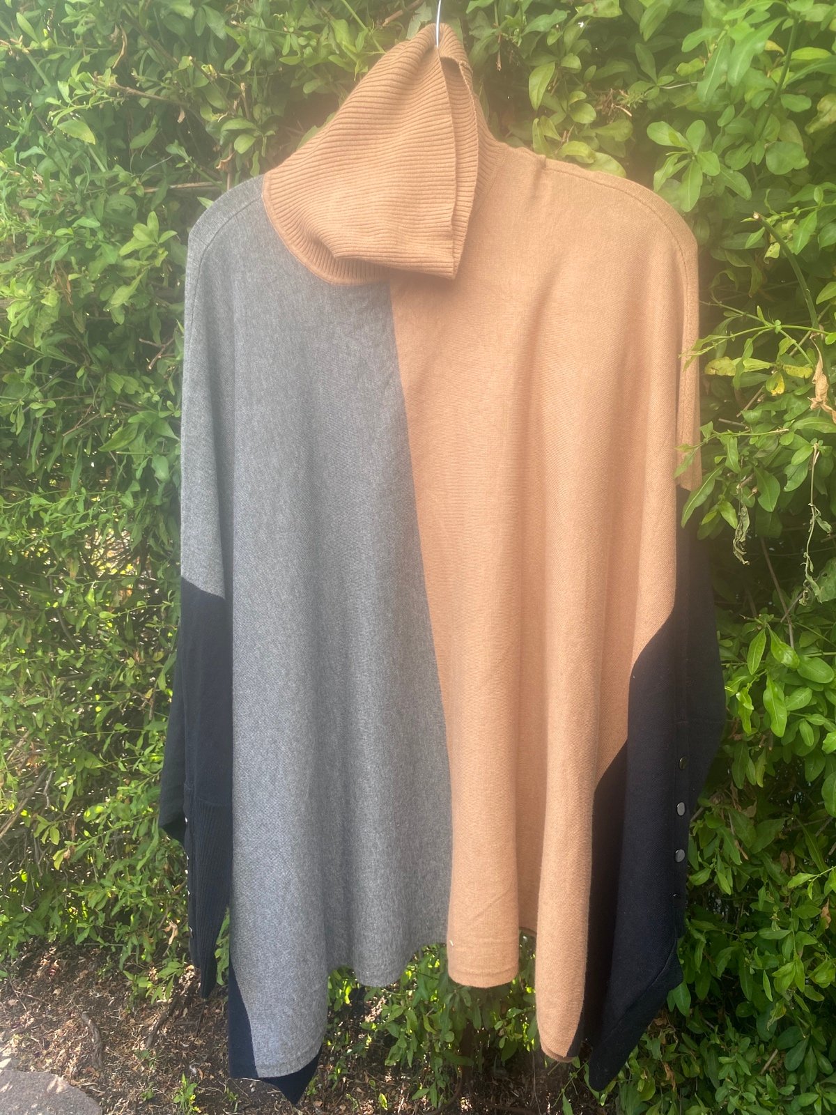 alfani long sleeve sweater poncho in brown gray and black color block shades