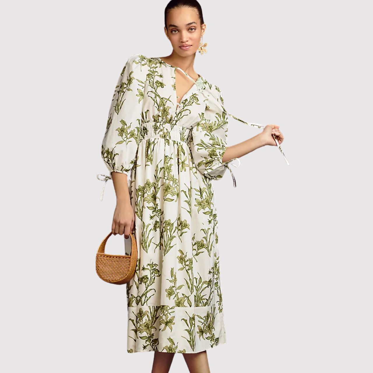 Hunter Bell Womens Dress Green Midi Floral V Neck Puffed Fit Flare Boho Small