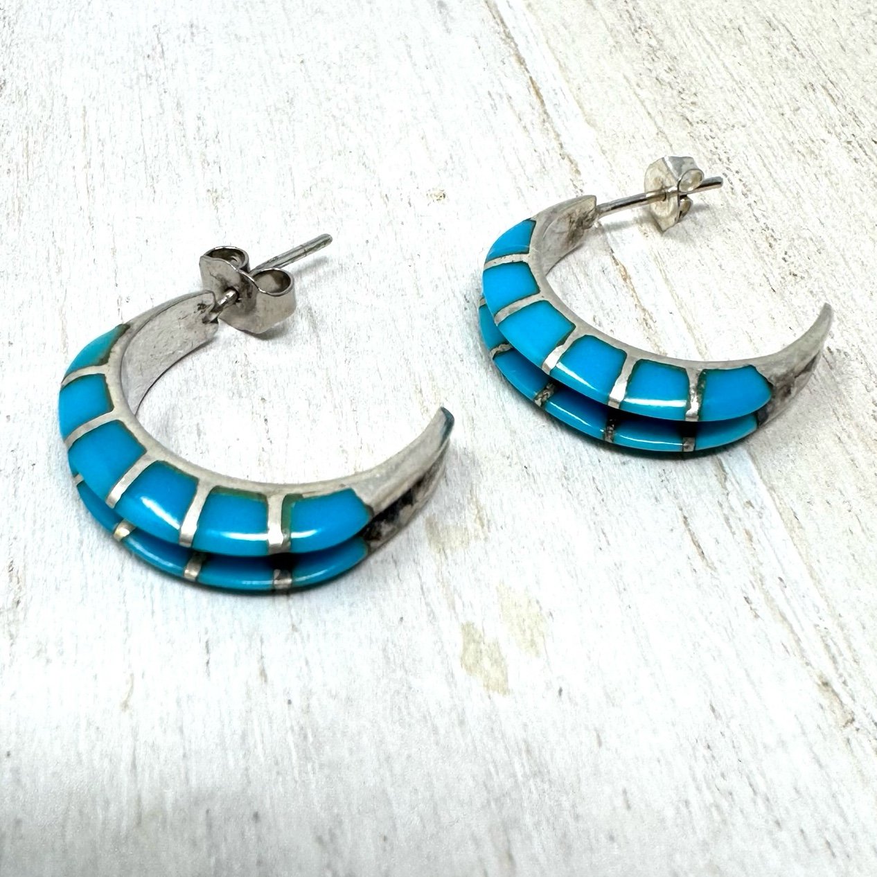 Sterling silver and inlaid turquoise half moon earrings, vintage