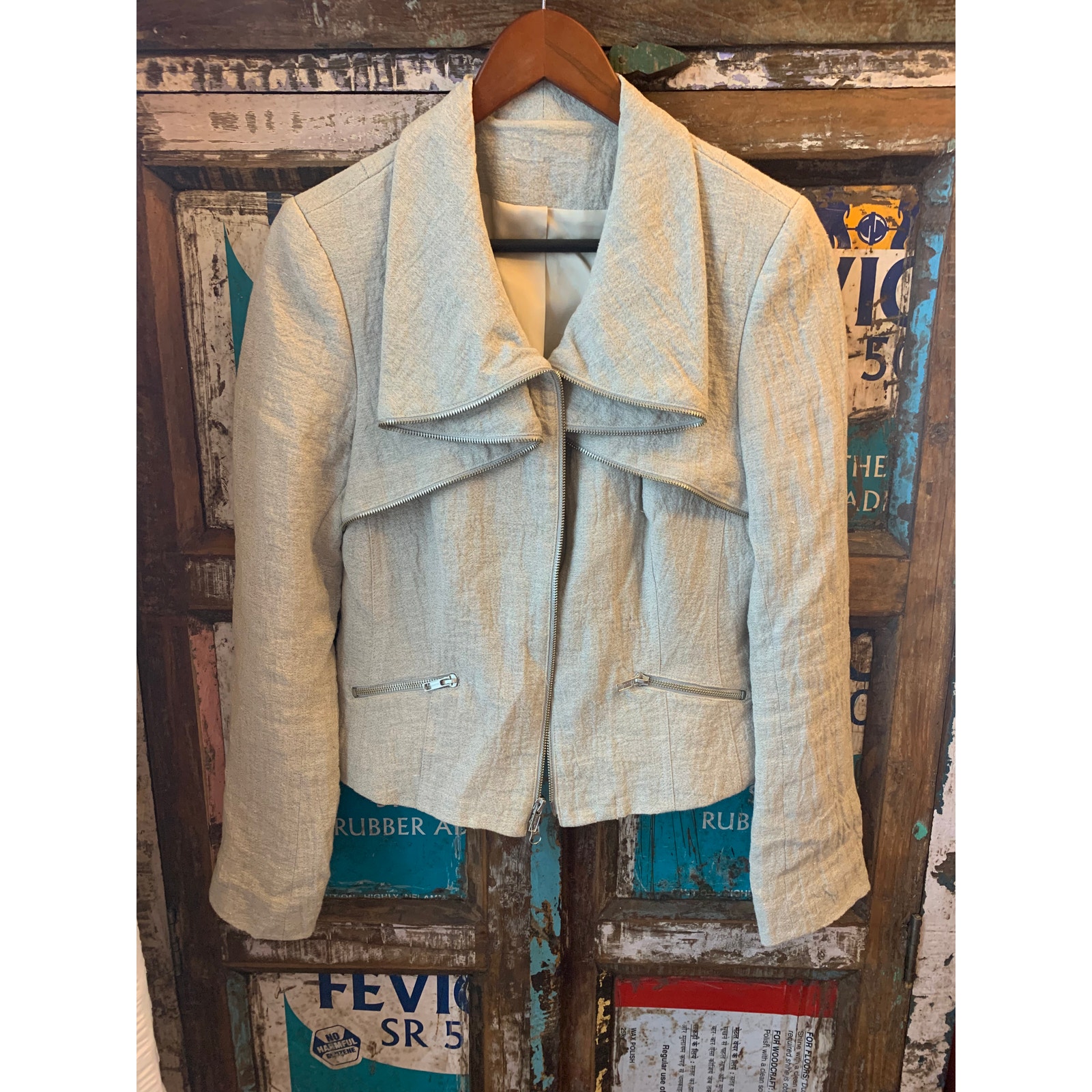 Cream Linen Jacket with zipper detail