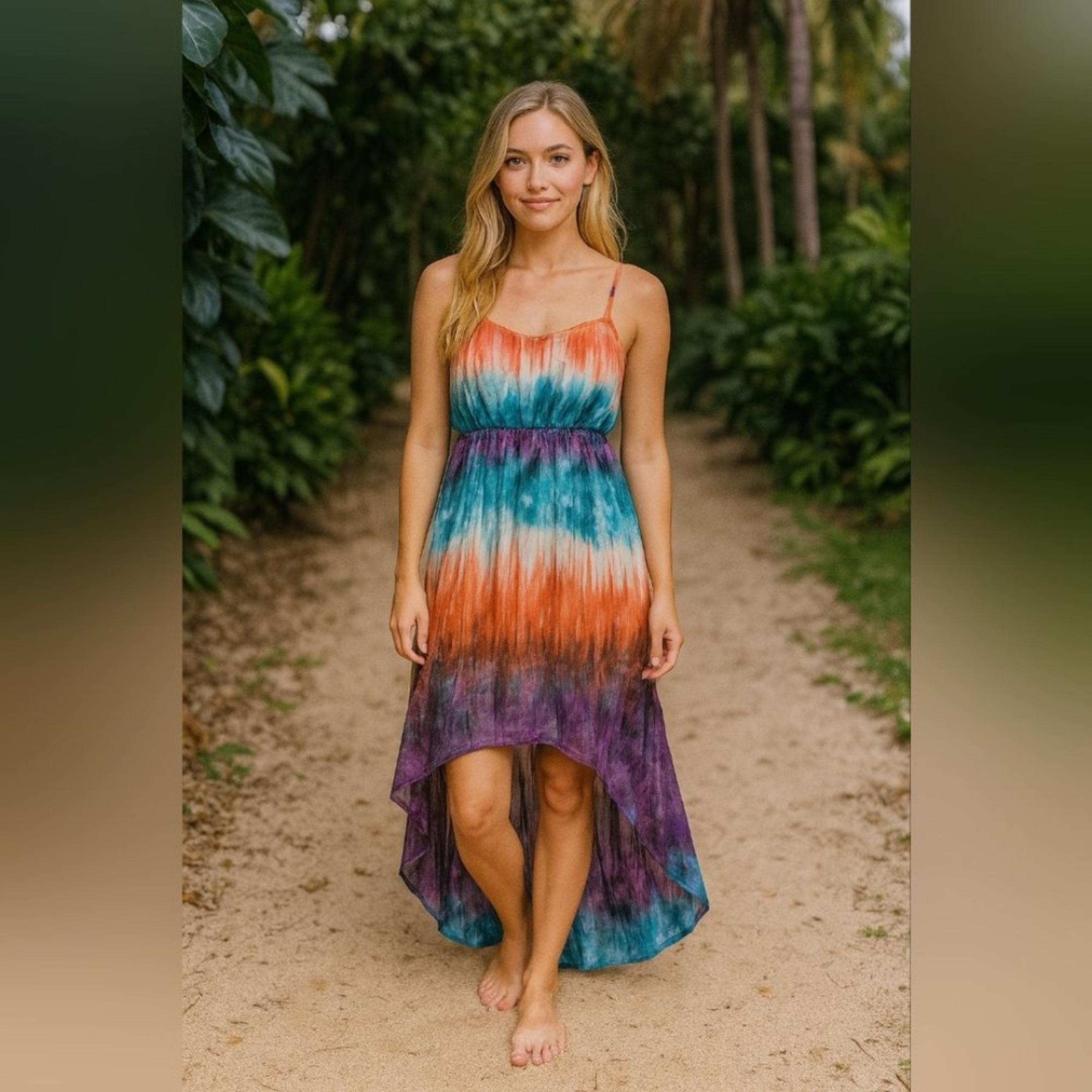 Wet Seal Colorful High Low Maxi Dress M Orange Purple Blue Lined Spaghetti Strap