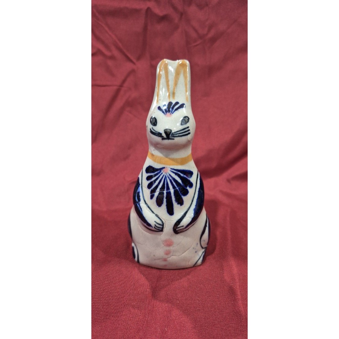 Tonala Ceramic Bunny Mexican Pottery 6 Ornately Painted Rabbit Blue Peacock EUC