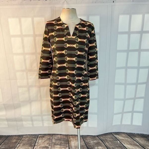 Sailor-Sailor black 3/4 sleeve red green striped chain print shift dress size sm