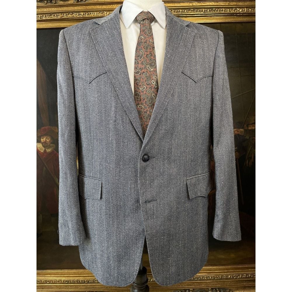 VTG Pagano West 44L USA MADE Wool Tweed Gray Heather Western Yoke 2Btn Blazer