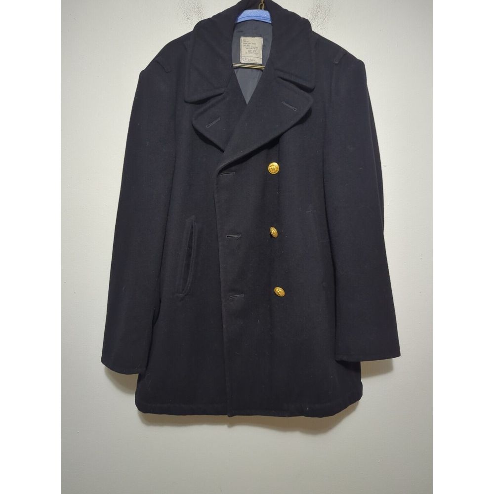 Vintage US Military Black Enlisted Overcoat Pea Wool Coat Men's Size 42R