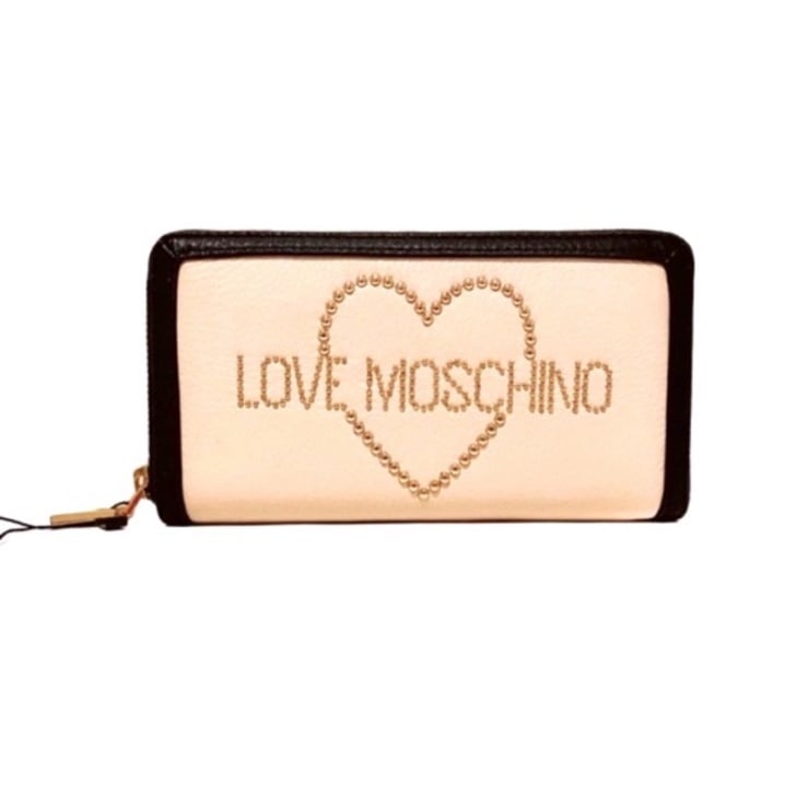 MOSCHINO Love Moschino Porta Studded Gold Heart Ivory Cream Leather Wallet NWT