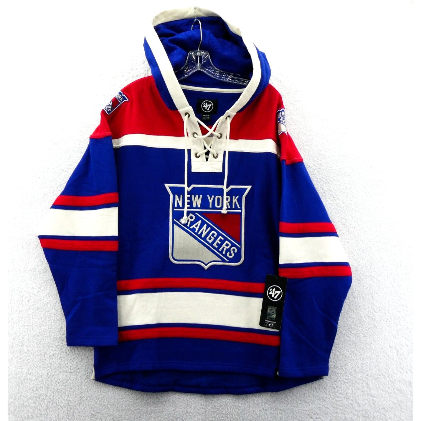 New York Rangers Hoodie Medium Mens Blue '47 Brand Superior Lacer Jersey Retro