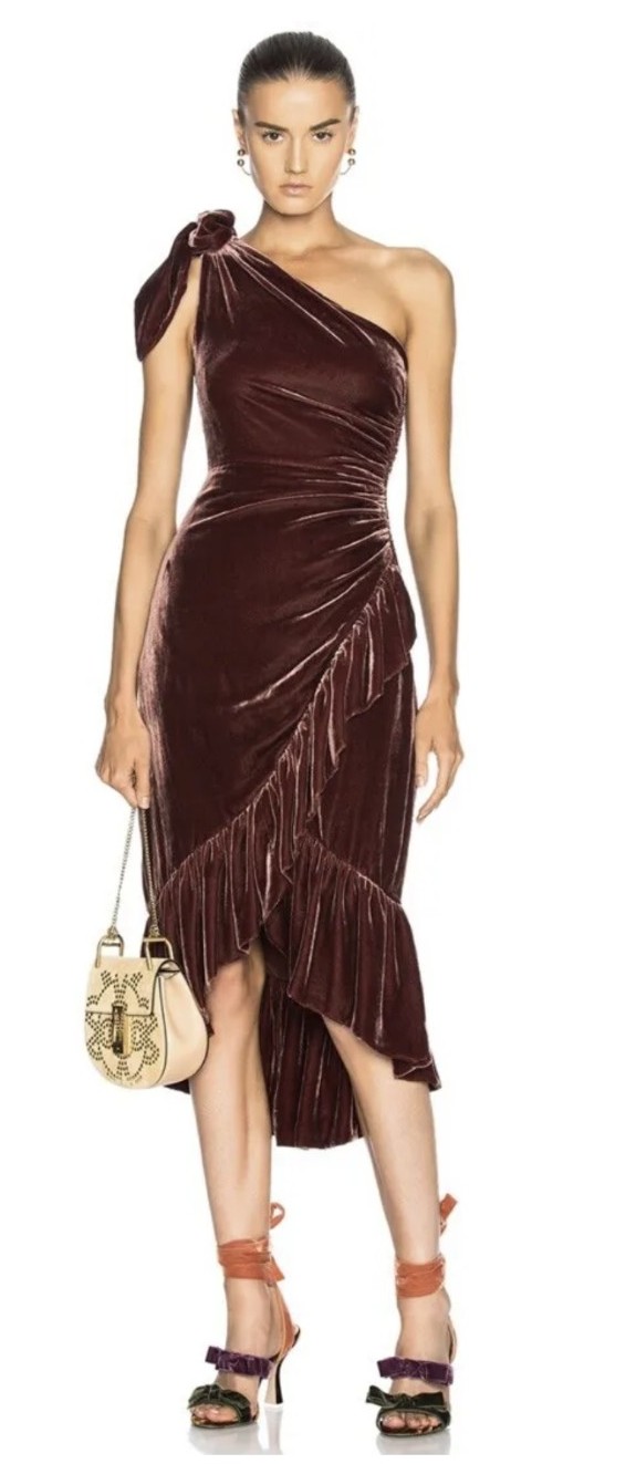 NWT 600 Ulla Johnson Elisa One Shoulder Ruffle Velvet Dress Puce Sz 10 (US)