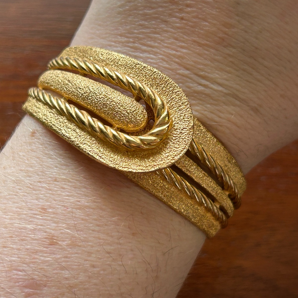 Vintage Crown Trifari Textured Brushed Gold Tone Clamper Bracelet