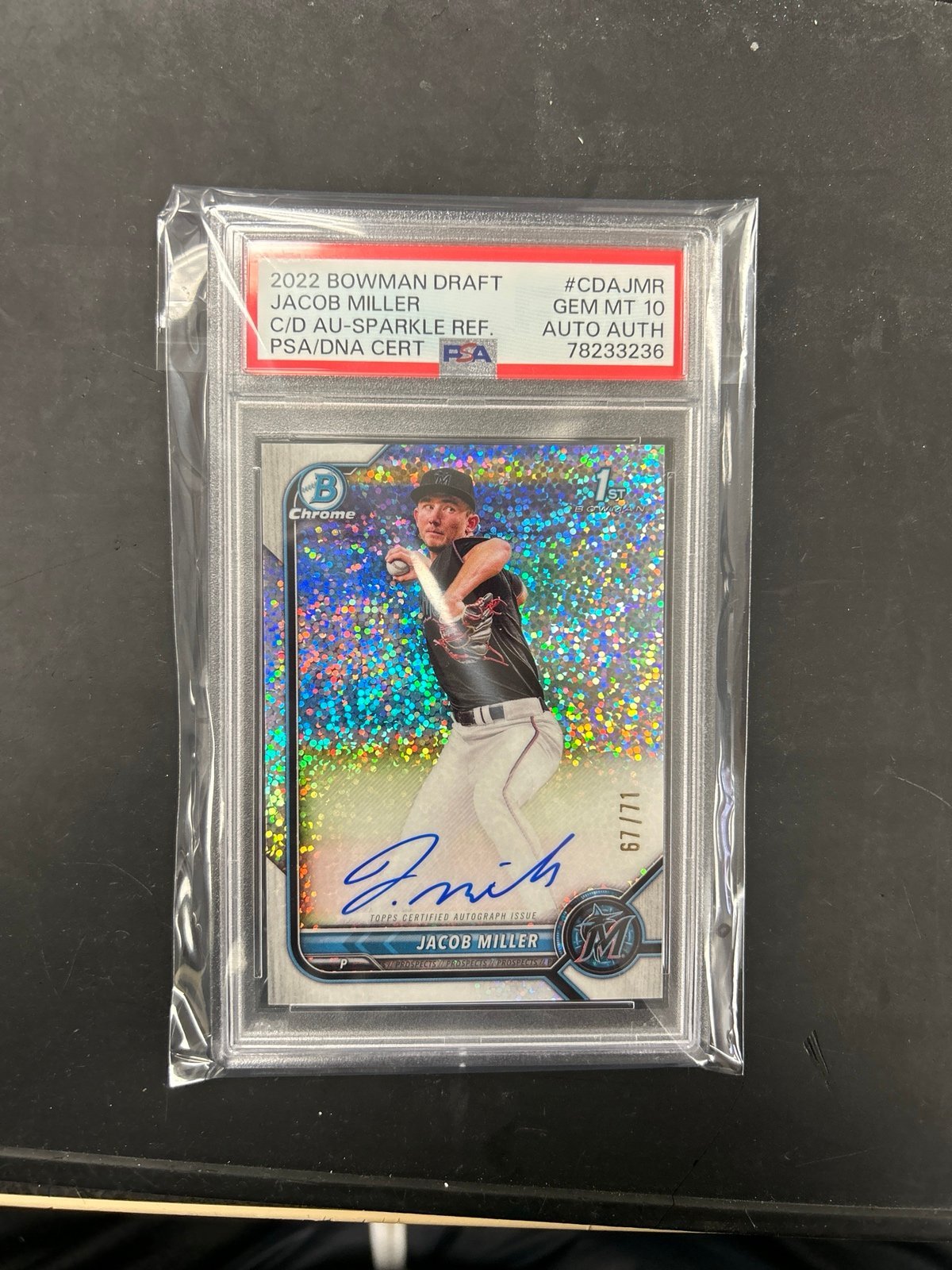 2022 Bowman Draft Jacob Miller sparkle refractor /71 auto PSA 10