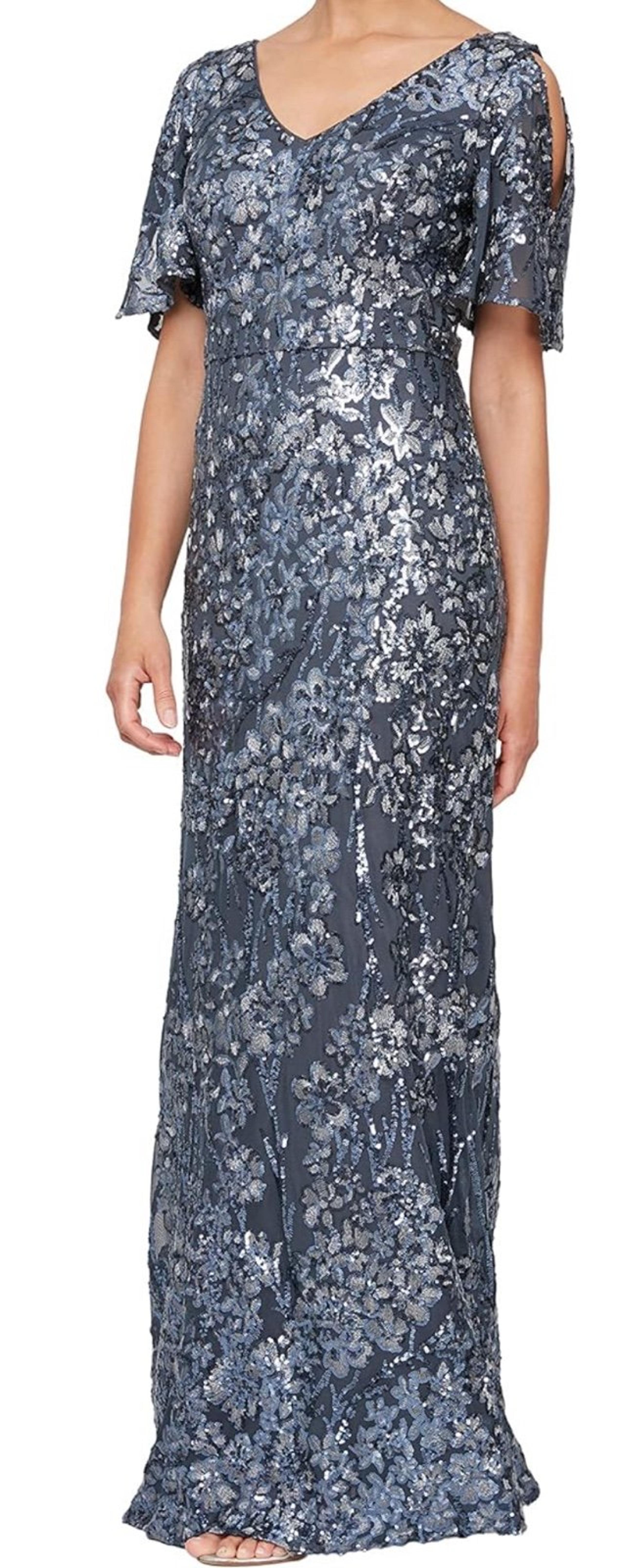 Alex Evenings Women's Sequin Stretch Lace Cold Shoulder Gown, Sz 14
