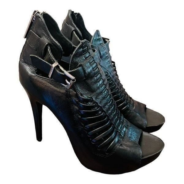 BCBGeneration Gregorry black leather & faux cage stiletto peep-toes size 6 1/2