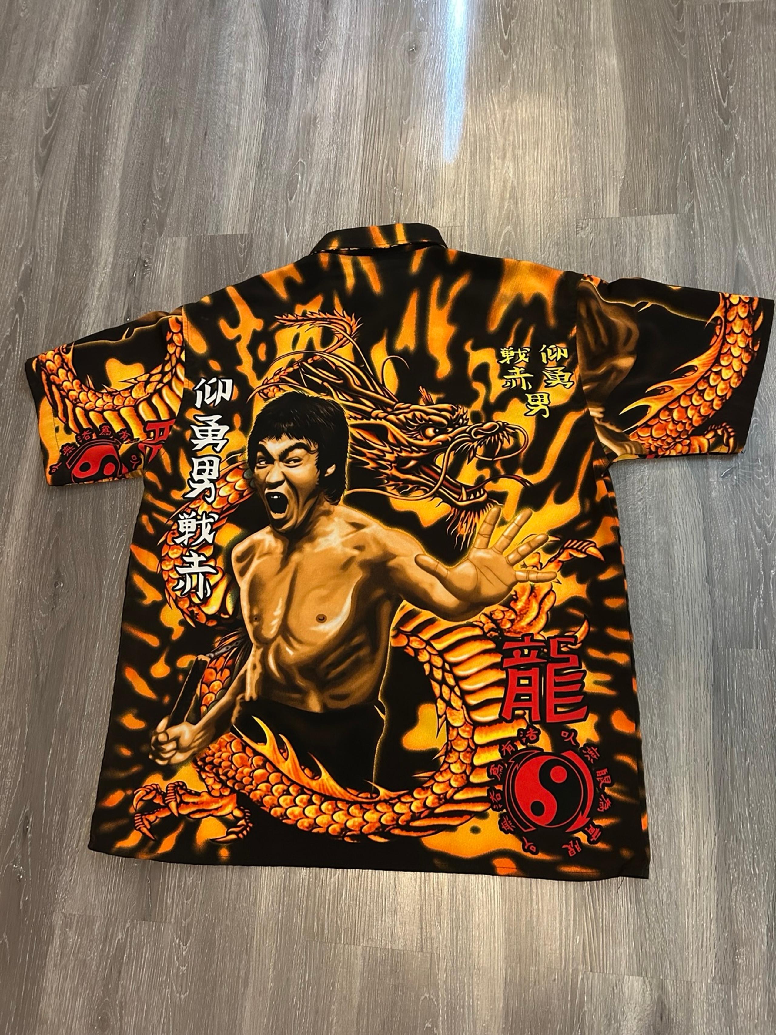VINTAGE Bruce Lee Changes Shirt Mens Large Black Orange All Over Print