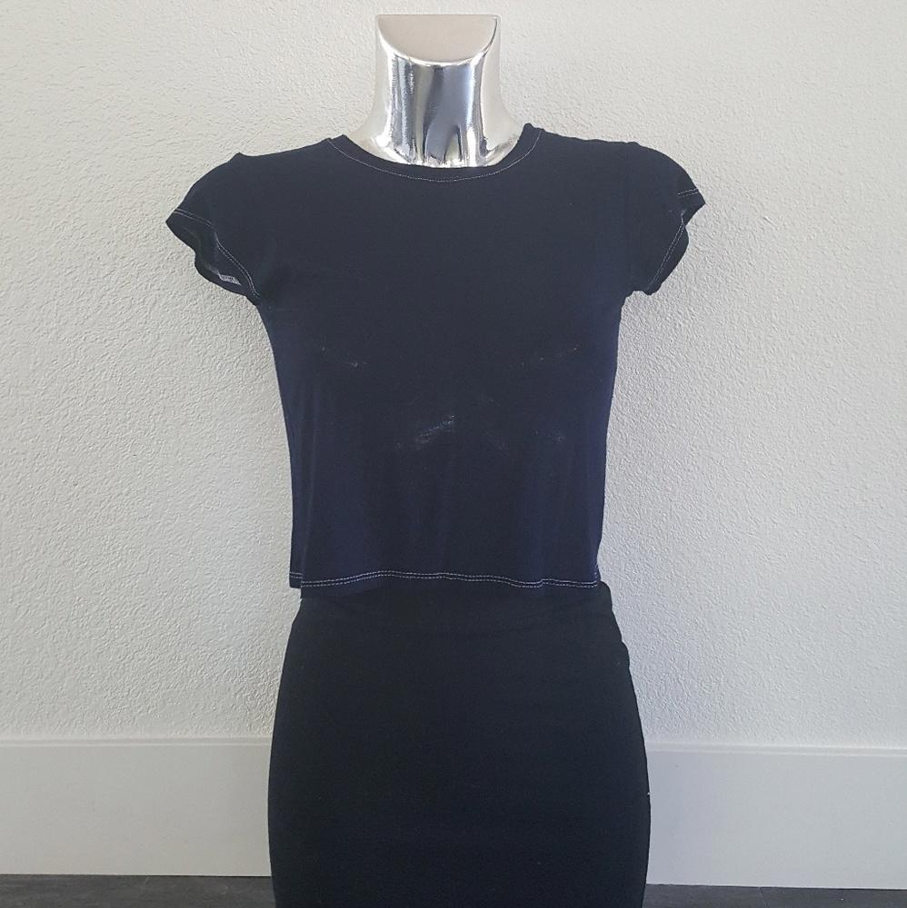 Navy White Stitched BM Crop Short Sleeve