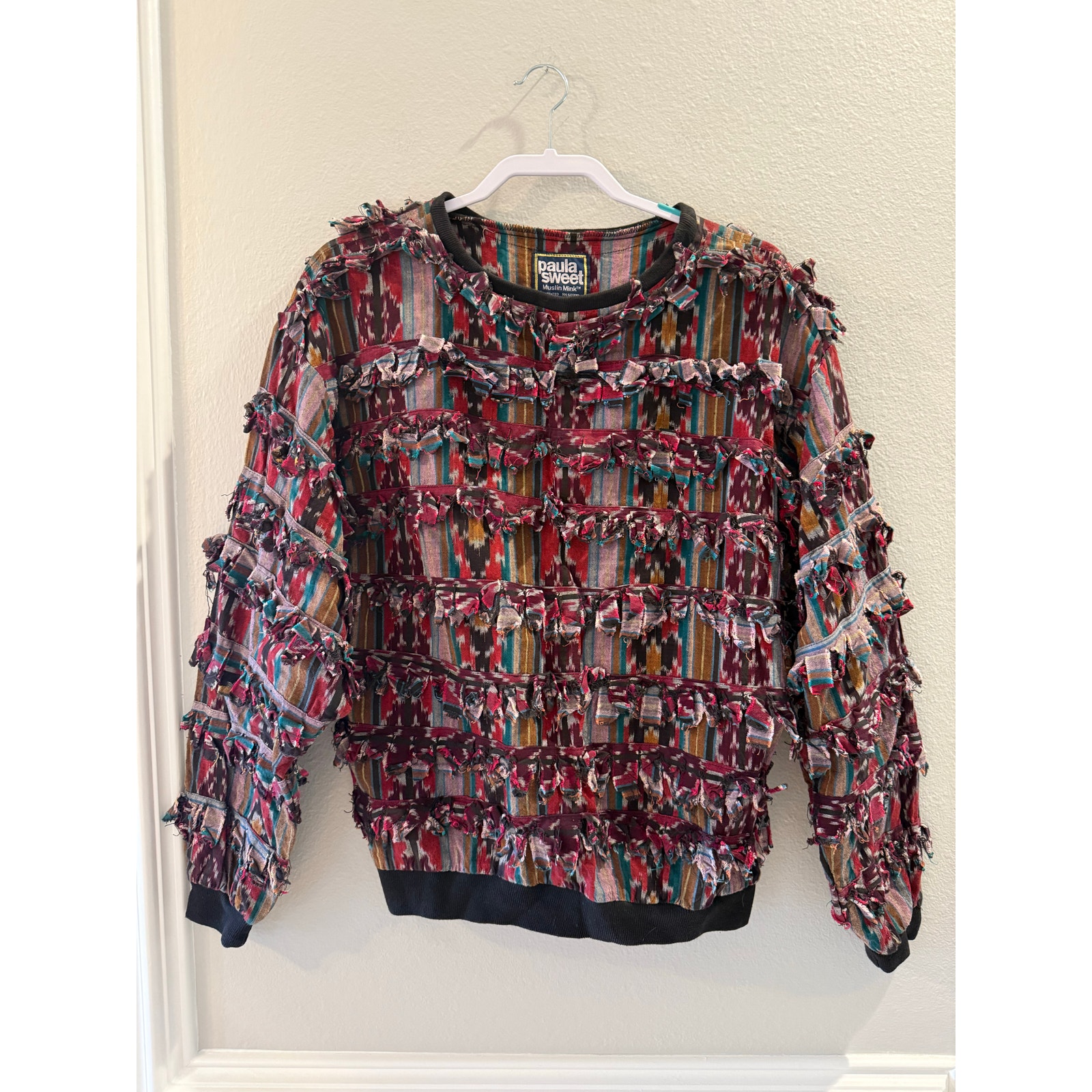Paula Sweet Muslin Mink Fringed Pullover Vintage 80's Sweater Multicolor Sz M