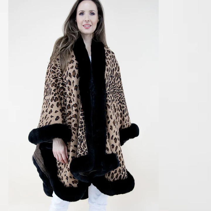 Brown Cheetah Print Ruana Cape Kozy Chic Faux Fur ANIMIAL PRINT Cape Luxurious