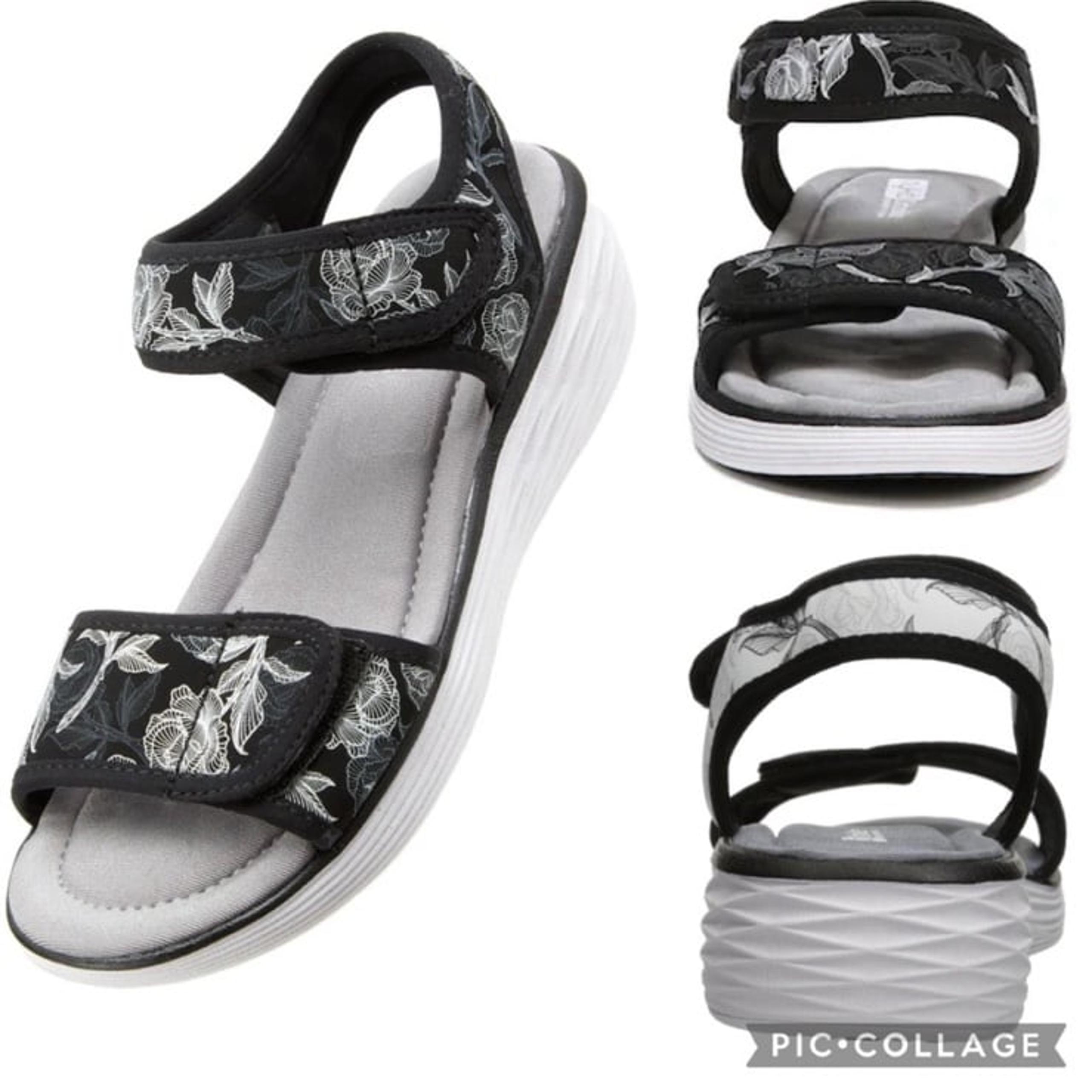 Ryka Nora Ortholite Memory Foam Wedge Sport Sandals In Black Floral Print