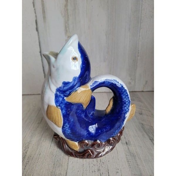 Vintage blue koi fish gurgle vase picture home decor
