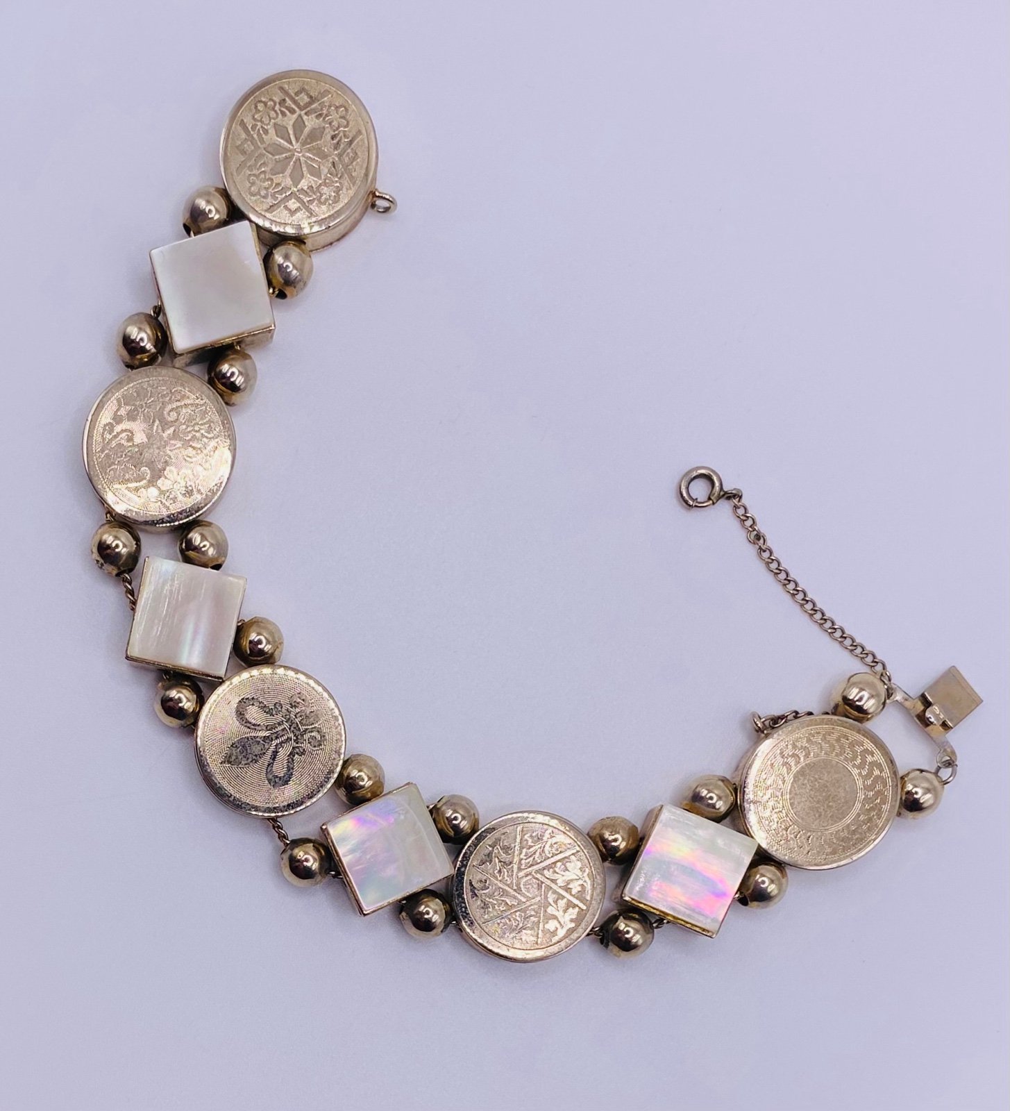 Vintage Victorian Style Slide Charm Bracelet Gold Filled Mother of Pearl