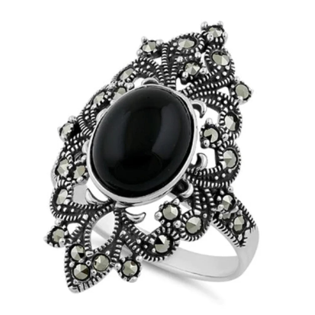 Size 11, 925 STERLING SILVER Black Onyx Marcasite Fleur De Lis Ring