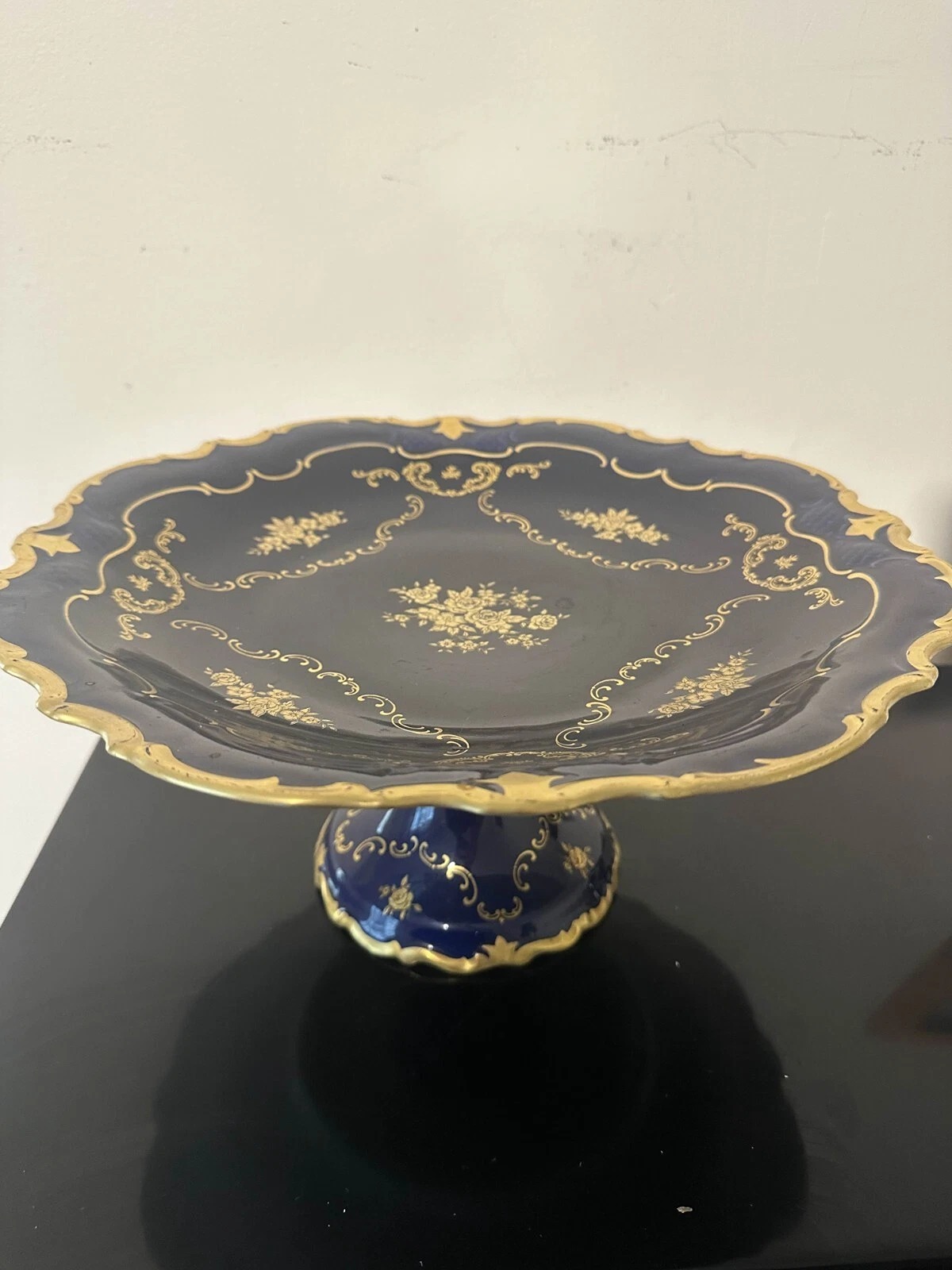 VERY RARE Reichenbach Echt Kobalt Germany Pedestal Cake Plate Cobalt Blue & Gold