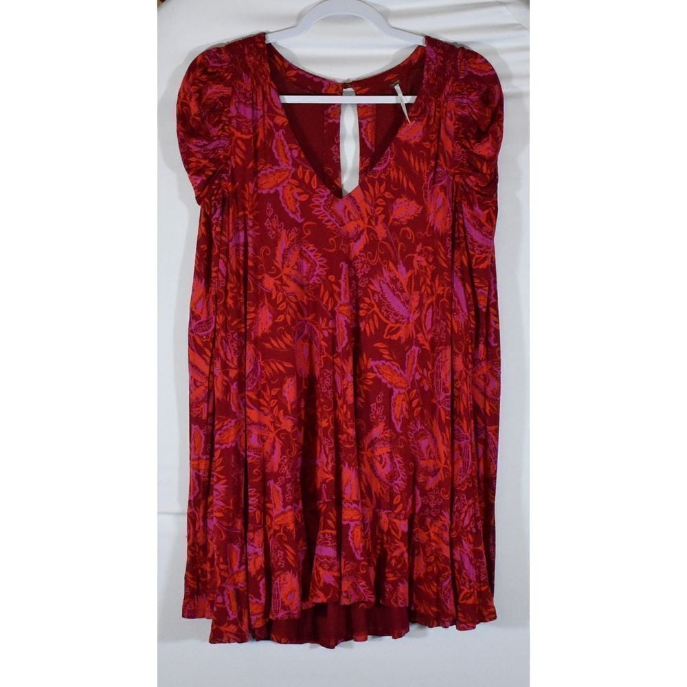 Free People Hello Lover Scarlet Red Vibrant Floral Puff Sleeve Dress