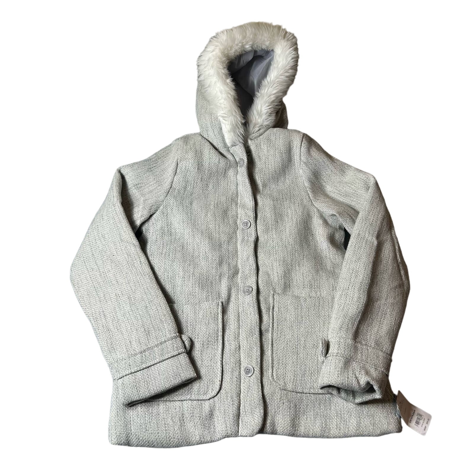 Carter's Coat Girls 14 Gray Faux Fur Wool Blend Full Zip Buttons Hooded Coat NEW