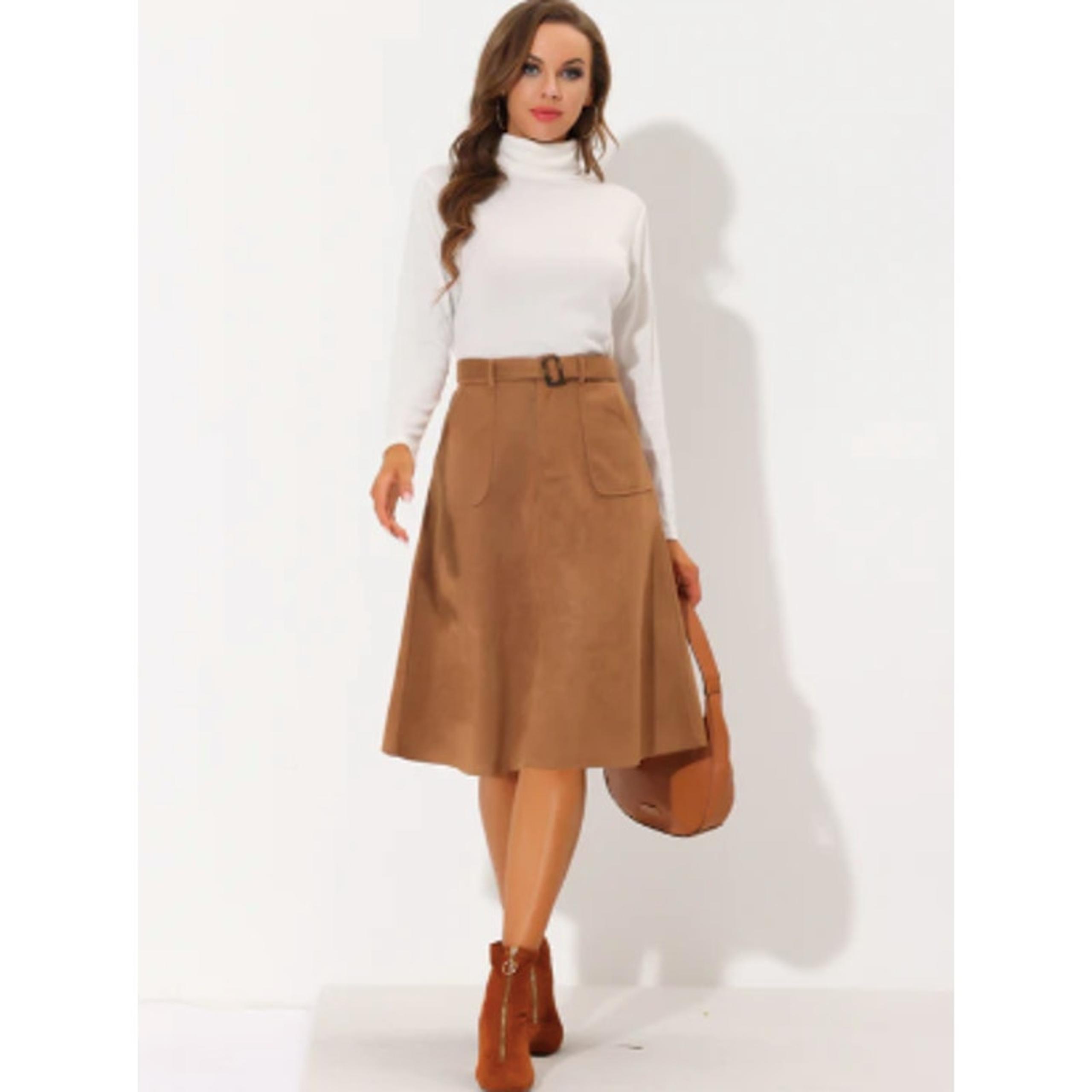 NWT Women's Allegra K Casual Faux Suede Pockets Stretch A-Line Midi Skirt W Belt
