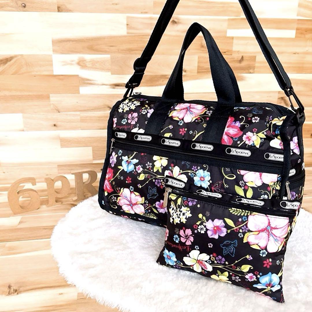 Excellent Condition 【LeSportsac】Hawaii Exclusive Floral Tropical Boston Bag Black x Colorful